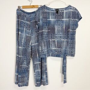 Clara Sun Woo 2 Piece Set Shirt and Pants Womens Large Blue Pull On Pattern